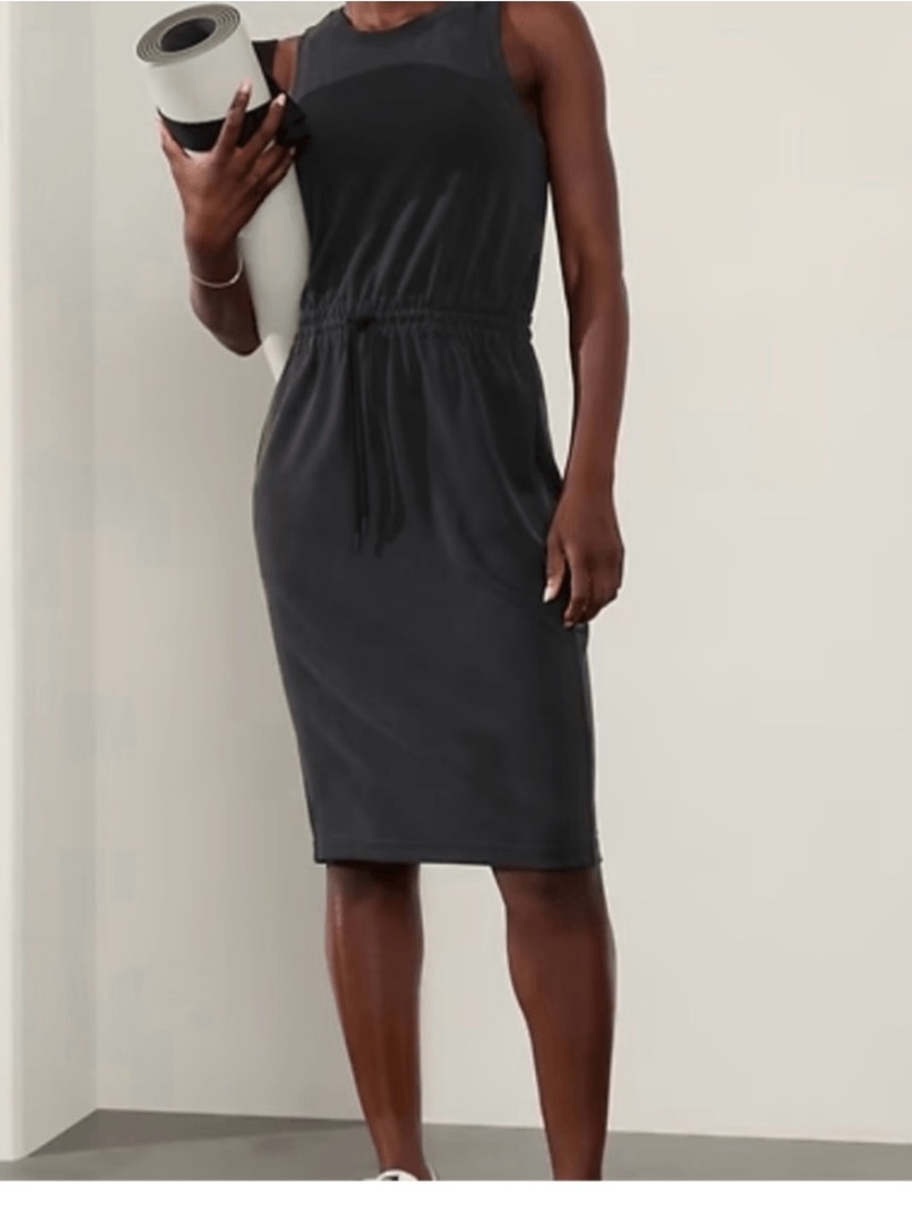 Athleta Charcoal Sleeveless Drawstring Midi Dress